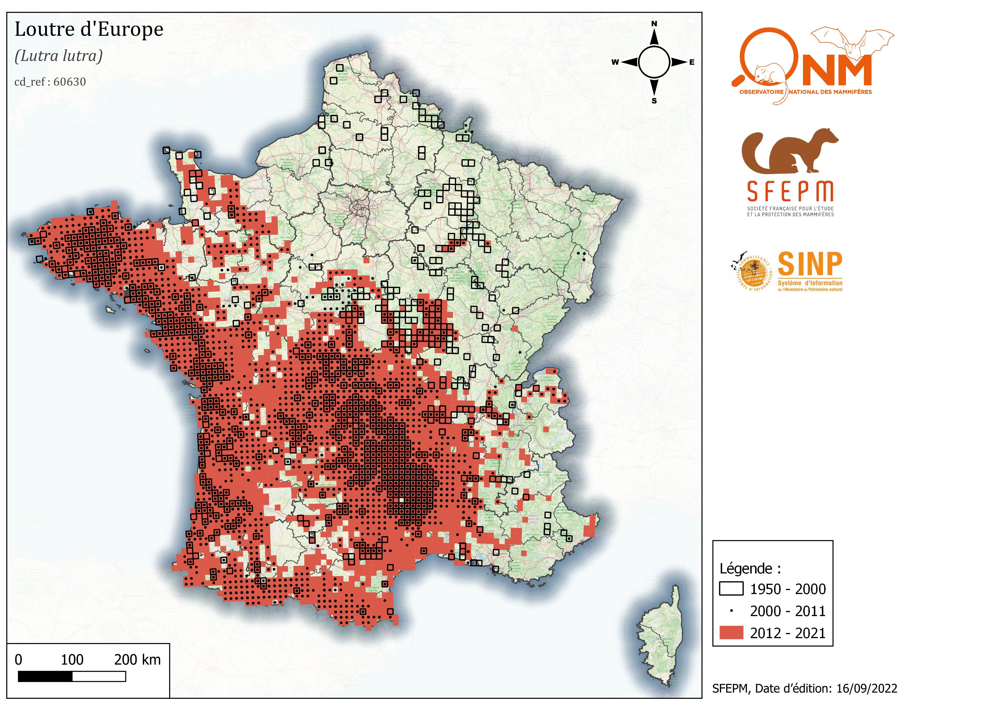 Figure 1. Evolution de la répartition de la Loutre d’Europe depuis les premières données avant 2000 jusque 2021 inclus à l’échelle 10 x 10 km (© SFEPM).